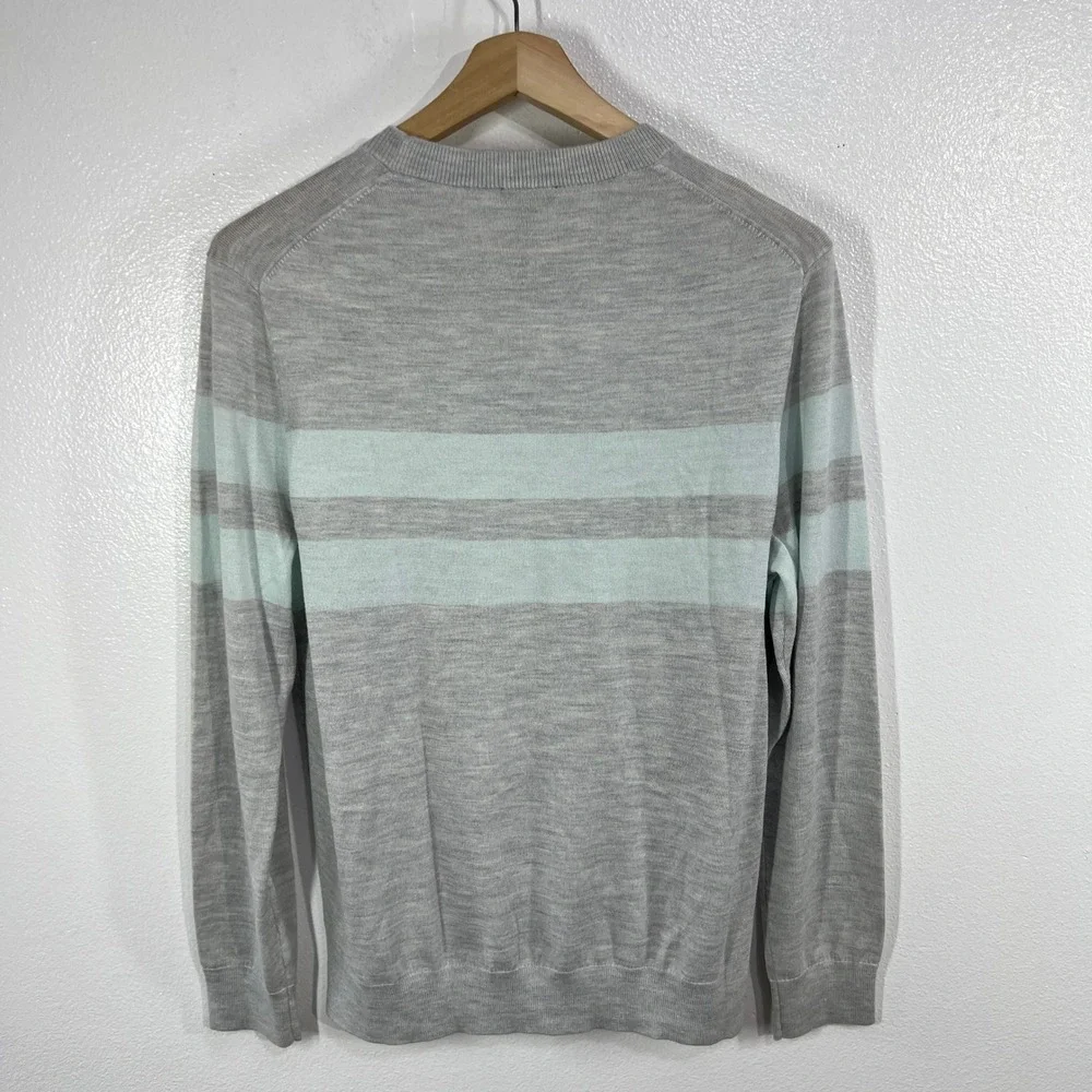 Express Men Striped Crew Neck Sweater Light‎ Gray Aqua Size Medium M Wool Blend